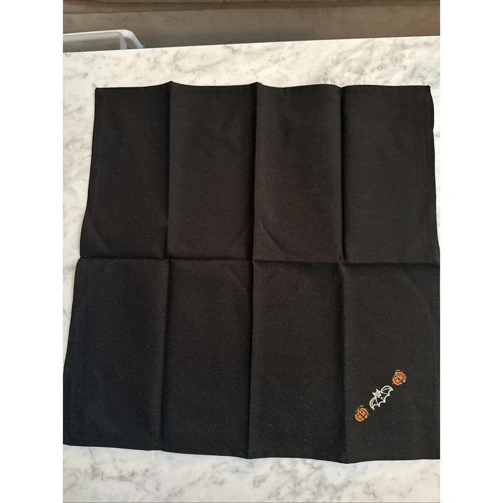 Vintage Halloween Napkins Cotton India Embroidered Pumpkin Bat Set Of Seven